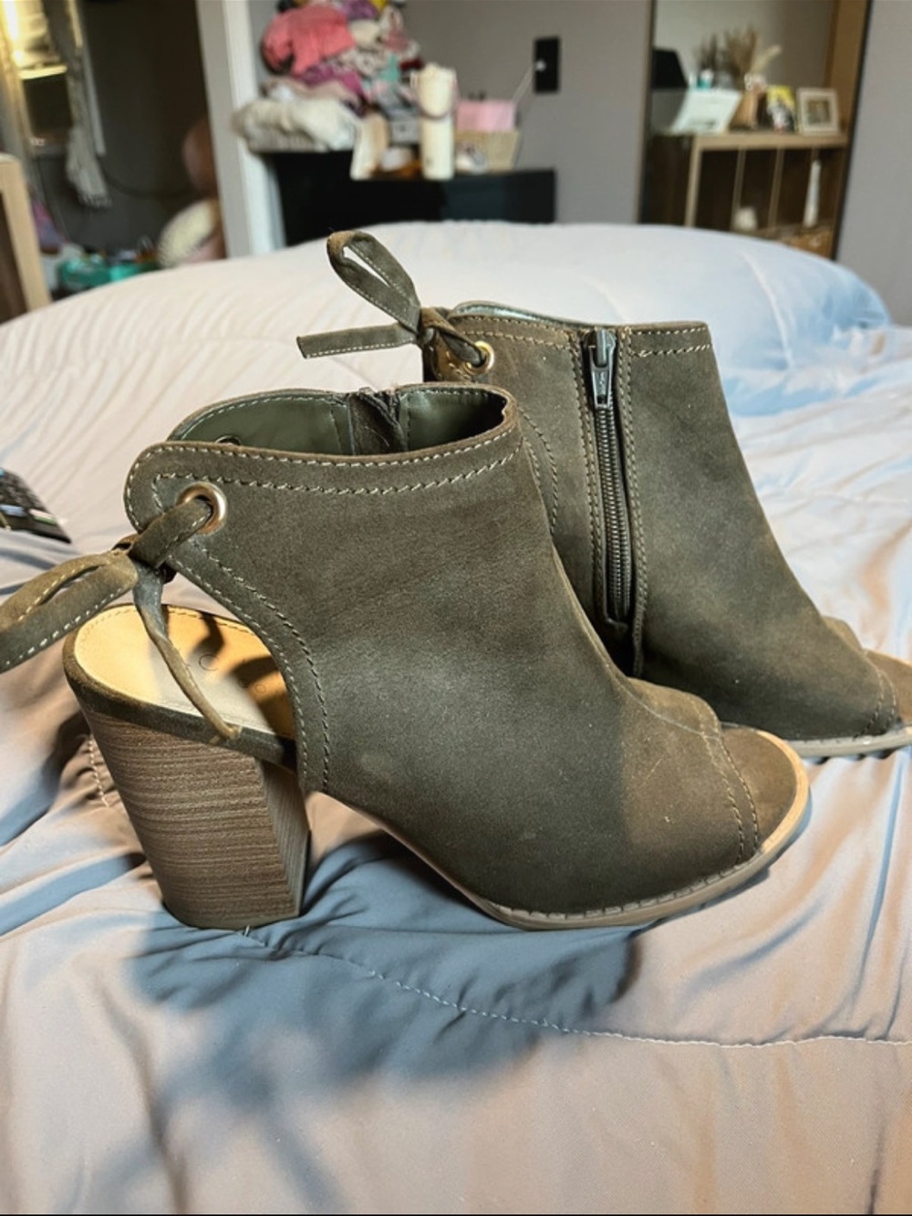 Women’s Olive Suede Peep-Toe Block Heel Booties